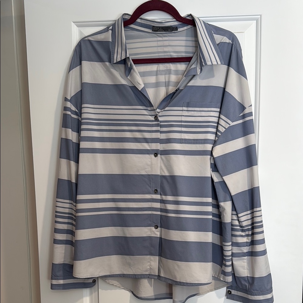 Prana Blue and White Striped Blouse Light Stretch Fabric